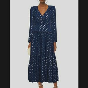 SALONI Gathered silk navy metallic jacquard polka dot tiered midi dress 6